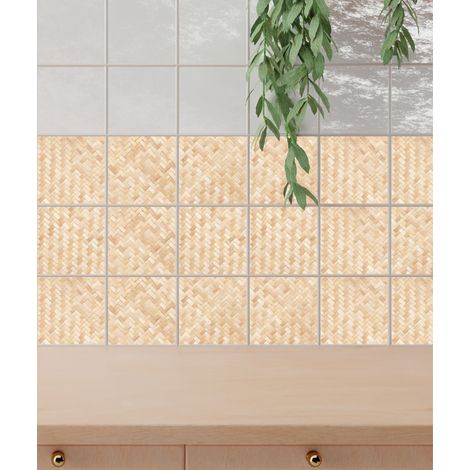 Sticker mural adhésif décoratif beige – Motif cannage chevron – Dimensions 10 cm x 10 cm – Lot de 9 autocollants pour carrelage – Plage (1/5)