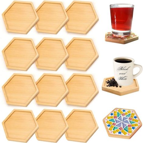 Lot de 12 dessous de verre hexagonaux en bambou de 10 cm - Dessous de verre en bambou vide pour bricolage mosaïque - Dessous de verre et de tasses (1/5)