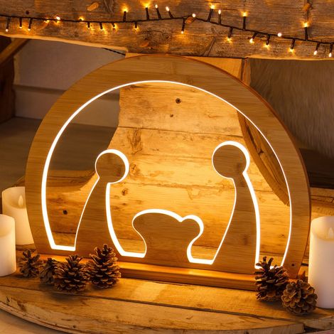 Natività in legno naturale luminosa con led a luce calda "Grotta" decorazione per interno -Piccolo (1/4)