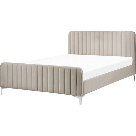 Lit Double en Velours Taupe 140 x 200 cm avec Sommier à Lattes Rayures Glamour Lunan