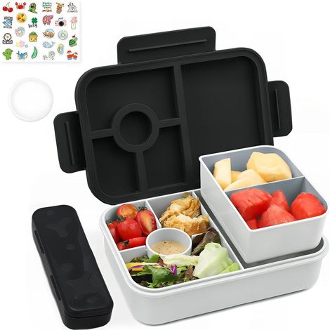 Brotdose Kinder 1300ml 5 Fächer Auslaufsicher Bento Lunchbox Schwarz (1/5)