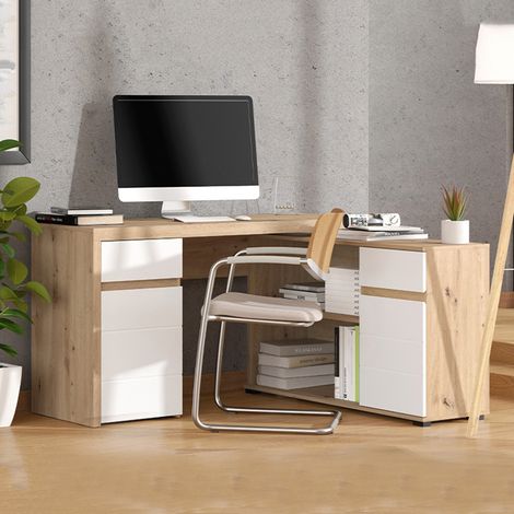 Scrivania Piran, Angolare, 2 Cassetti, 5 Ripiani, 140x124x77h cm Marrone Rovere Nodi (1/5)