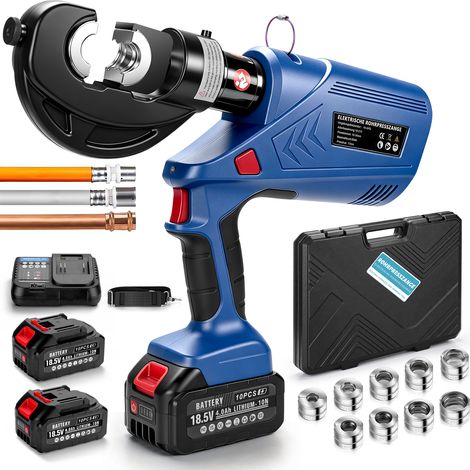 60 kN Pince à Sertir Hydraulique Électrique Sans Balais Bleu Tête en C Plomberie pour Tuyau profils V/U/TH Kit Outil de Sertissage Sans Fil 2 Batteries 4Ah Écran LCD 9 Matrices TH16-20-26-32 V12-15-18 (1/5)