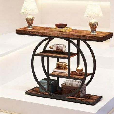 Console d'entrée 105x30x80 cm noir en métal et bois avec 4 niveaux et pieds réglables (1/5)