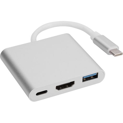 Adaptateur convertisseur USB-C vers HDMI 3 en 1 portable et multifonctionnel avec boîtier en métal (argent) (1/5)