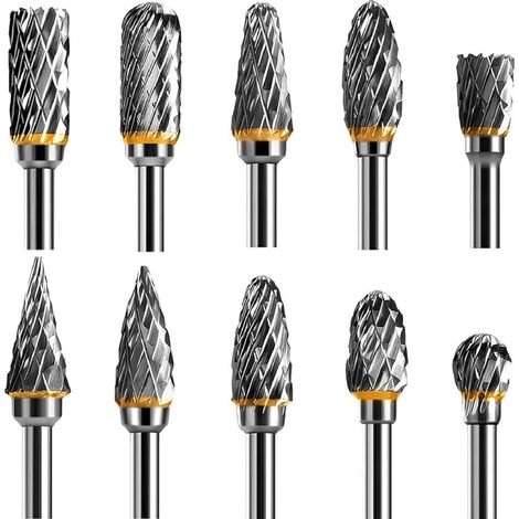 Tungsten Carbide Steel Double Edge Rotary Tool Burr Set, 10 Pieces 1/8” Shank for Rotary Tool for DIY, Wood Carving, Metal Polishing, Engraving, Drilling