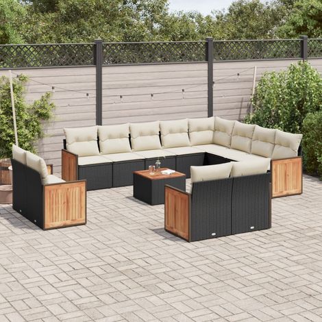 Canapé de jardin en résine tressée noir avec 13 coussins - Ensemble salon complet (1/5)