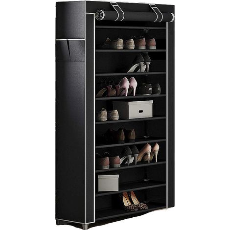 Étagère à chaussures, rideau enroulé protecteur contre la poussière, cadre en métal durable, couleur noire (1/2)