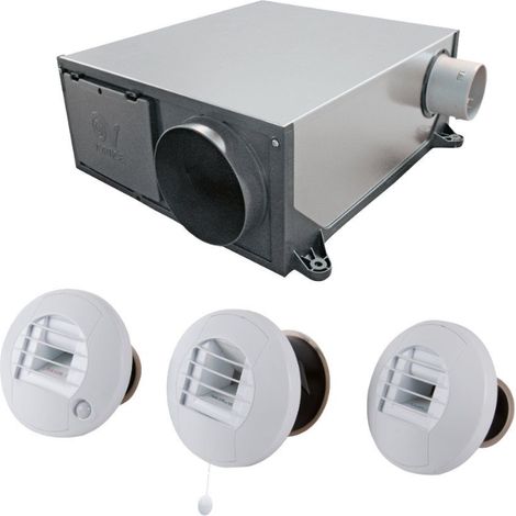 Kit Hygro B VMC simple flux hygroréglable extra-plate + 3 bouches cordon et à piles - AXELAIR - KHBMPST5160