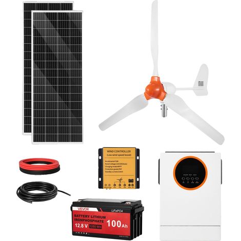 Kit de energía solar y eólica Vevor de 12 V y 400 W, 2 paneles solares monocristalinos de 100 W + turbina eólica de 200 W + controlador de sistema híbrido. (1/2)