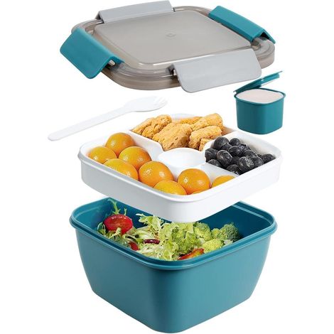 Salatbehälter 3 Fächer Dressingbehälter Gabel 1500 ML Dunkelblau (1/5)