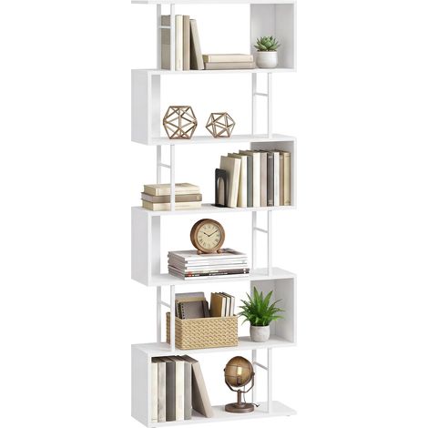 Bibliothèque en Forme de S, Étagère de Rangement à 7 Niveaux, Cadre en Acier, pour Salon, Bureau, 60 x 24 x 190,5 cm, Blanc Nuage et Noir Mat (1/5)