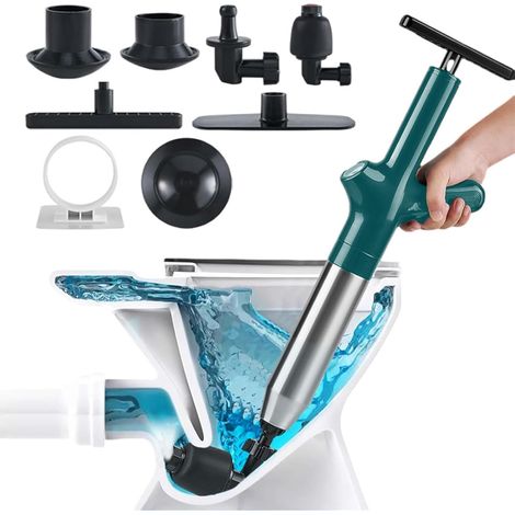 Déboucheur Canalisation Haute Pression, Déboucheur Wc Air Comprimé avec 4 Différentes Ventouses, Piston de Toilette pour Déboucher les Toilettes, Baignoire, Drain de sol, Lavabo (Bleu) (1/5)