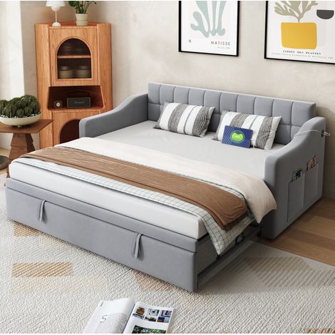 Cama tapizada 90x190 cm gris claro, terciopelo extensible con USB (1/5)