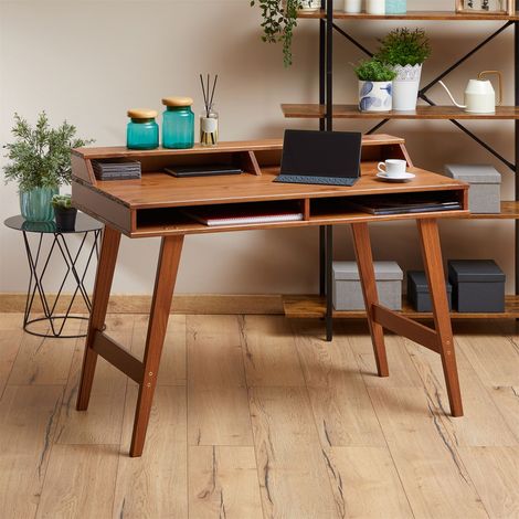 Idimex – Bureau droit en pin massif couleur châtaigne – Dimensions 110 x 54 x 84 cm – 2 niches de rangement intégrées – Design compact pour petits espaces (1/4)