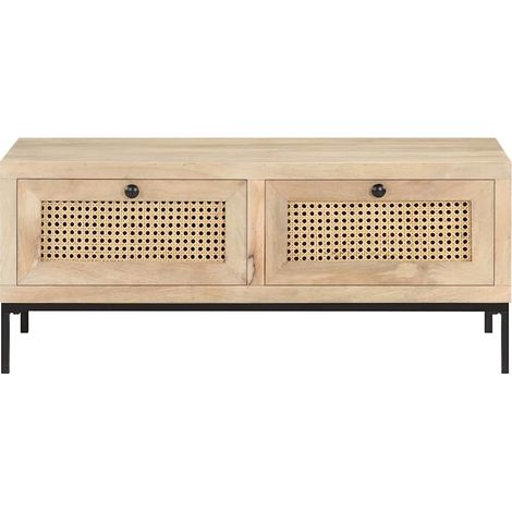 vidaXL Mesa de centro madera maciza mango y caña natural 90x50x37 cm (1/2)