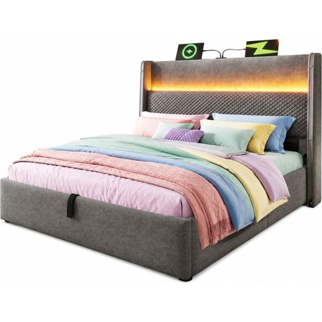 CHICFURN lit coffre hydraulique avec tête de lit haute éclairage LED ports USB Type C 140 x 200 cm gris (1/5)