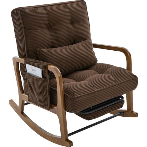 Fauteuil à Bascule - 1 Place - Confort Moelleux - Velours Côtelé - Repose-Pieds Inclus & Dossier Réglable - 70 x 80 x 92 cm - Marron (1/5)