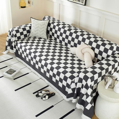 Motif à carreaux noirs et blancs 180x130 Coussin de canapé monobloc, housse de canapé intégrale anti-griffures de chat, adaptée à toutes les saisons, serviette/housse de canapé (1/4)