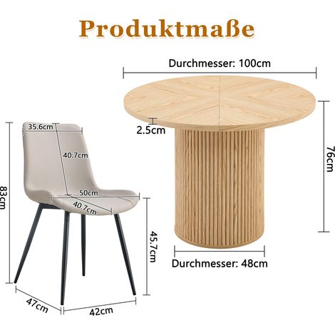 Runder Esstisch-Set mit 4 Stühlen, 100 cm, MDF in heller Holzoptik und grauem PU (1/4)