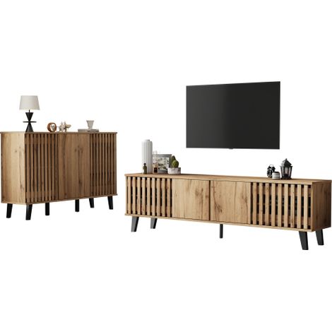 Ensemble meuble TV 180x40x55cm + enfilade 150x40x95cm en bois naturel, 8 compartiments et 6 étagères, pour salon et chambre (1/5)