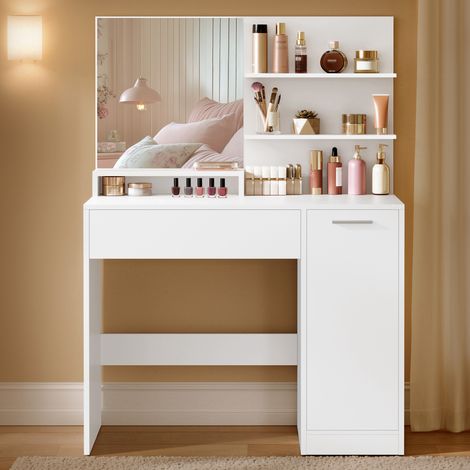 Vasagle – Coiffeuse enfant avec miroir – 1 tiroir, 2 étagères – Dimensions 80 x 40 x 132 cm – Panneau d’aggloméré blanc – Organisateur de maquillage