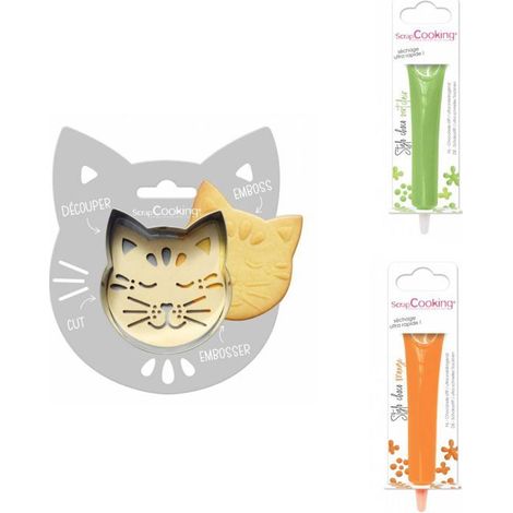 Kit pour biscuit en relief Chat + 2 Stylos au chocolat vert clair et orange
