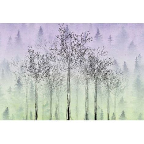 Papier peint panoramique forêt aquarelle vert & violet Tapisserie panoramique fond aquarelle & arbre noir Papier peint panoramique nature pour chambre (1/3)