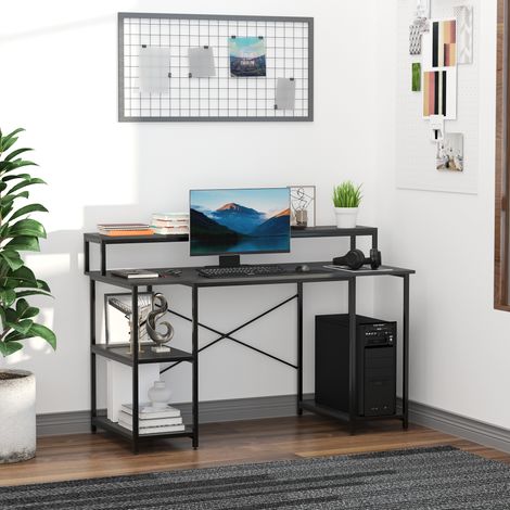 Mesa para Computadora Escritorio de Oficina Estudio con 3 Estantes Tabla Superior Patas con Almohadillas Ajustables Antideslizantes Marco Metálico 140x60x93 cm Negro (1/5)