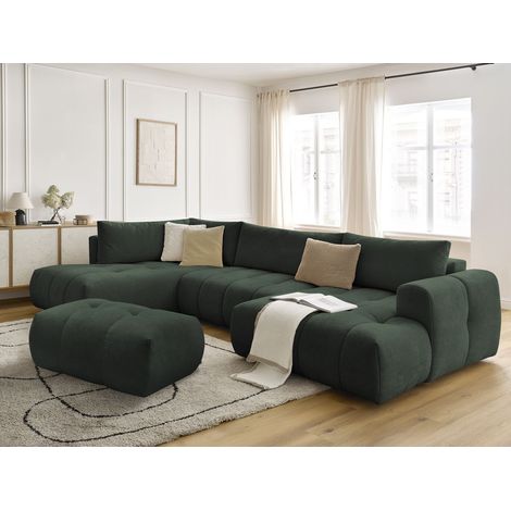 BOBOCHIC - Canapé panoramique convertible FUJI tissu lisse avec pouf Angle droit Vert (1/5)