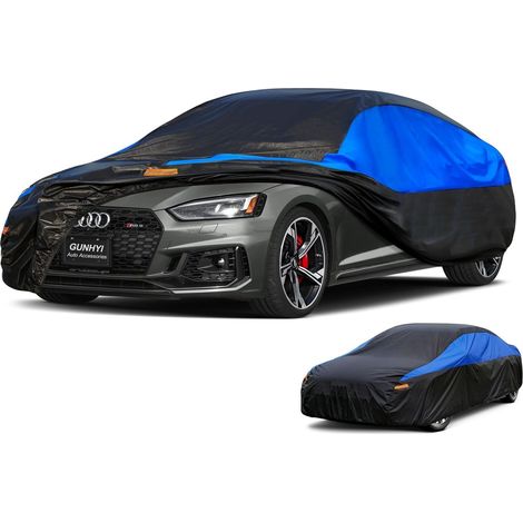 Bâche Voiture Exterieur Respirante et Étanche pour Tous Temps, Housse Voiture Protection Anti-UV Contre, la Poussière, la Pluie, Universelle pour Berline Coupé (470-490 CM) 3XL Noir et Bleu,1-Pour Ber (1/5)