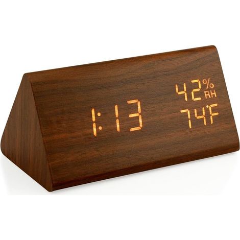 Horloge Numérique En Bois - Affichage Heure Température Humidité - Réglage Luminosité Voix - Alimentation USB - 1 Pièce