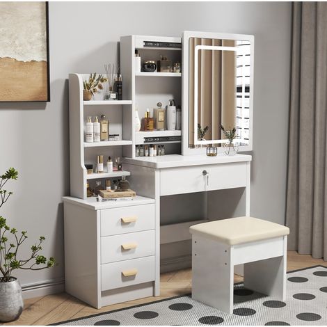Coiffeuse avec miroir LED, 4 tiroirs et tabouret, 85 x 36 x 130 cm, blanche HAVRYA (1/5)
