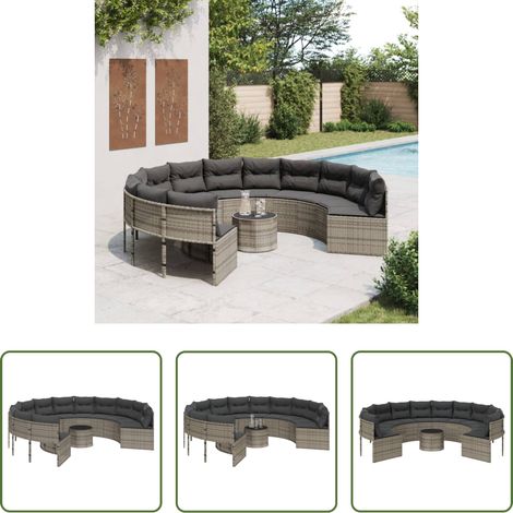 Gartentisch -  Gartensofa mit Tisch und Kissen Rund Grau Poly Rattan (1/5)