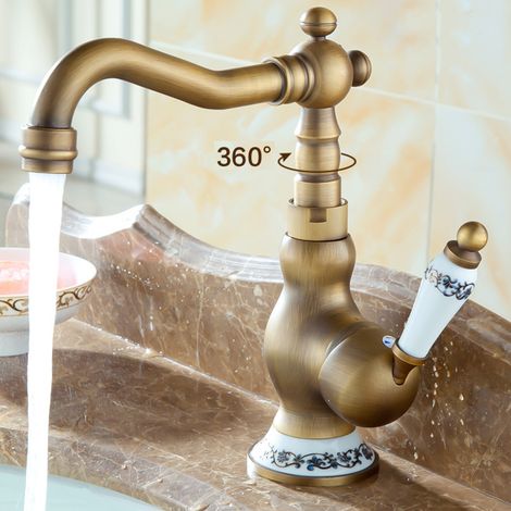 Robinet de Lavabo Rétro Robinet Salle de Bain Robinet Cuivre Antique Robinet Mitigeur de à Levier Laiton Bronzé Court (1/5)