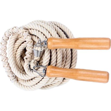 Corde à sauter blanche en coton avec poignée en bois de 3 m, idéale pour les élèves et leurs entraînements. (1/4)