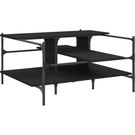 Mesa de centro de diseño industrial con estantes 100 x 100 x 48,5 cm madera de ingeniería negra y acero DEC039526