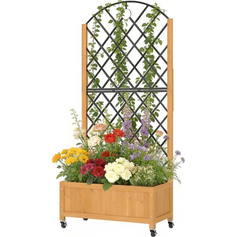Jardinière en Bois avec Treillis Métallique et Roulettes, Bac à Fleurs Extérieur, Marron (1/5)