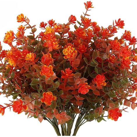 Conjunto de 8 ramos de flores artificiales de otoño, decoraciones verdes para interiores y exteriores para Acción de Gracias, Navidad, bodas, hogar, jardín, chimenea (naranja y verde). (1/4)