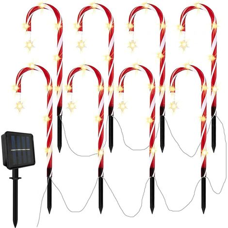 Noël Canne Lumièresm, 8 Canne De Bonbon Lumières avec Étoiles Noë, lumières solaires de canne à sucre de noël, Étanches, Marqueur De Chemin De Noël, Lampes LED Jardin, deco noel exterieur solaire (1/5)