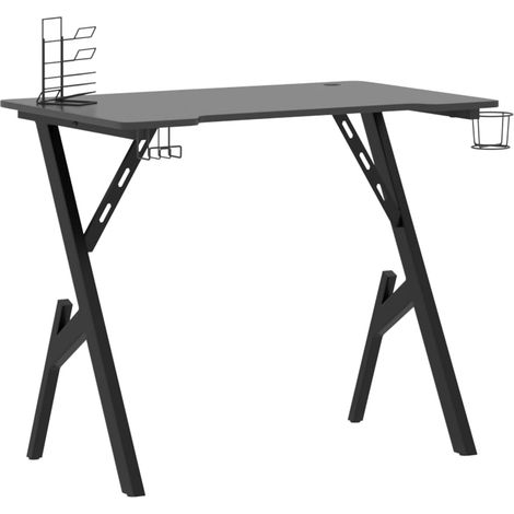 Bureau table poste de travail meuble d'ordinateur informatique étude de jeu avec pieds en forme de Y 90 x 60 x 75 cm noir