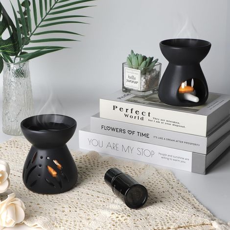 LALAGO 2pcs Lampe à Parfum en Céramique, Brûleur Huile Essentielle avec Cuillère à Bougie, Oil Burner pour Aux Cadeaux de Décoration Intérieure, Diffuseur d'arômes en Forme d'entonnoir(Noir)