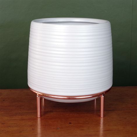White Ceramic Planter Metal Stand Plant Pot (1/3)