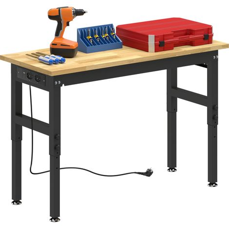 Établi réglable en hauteur en bois et acier, 2 prises secteur, capacité de charge de 900 kg, coloris bois et noir (1/5)