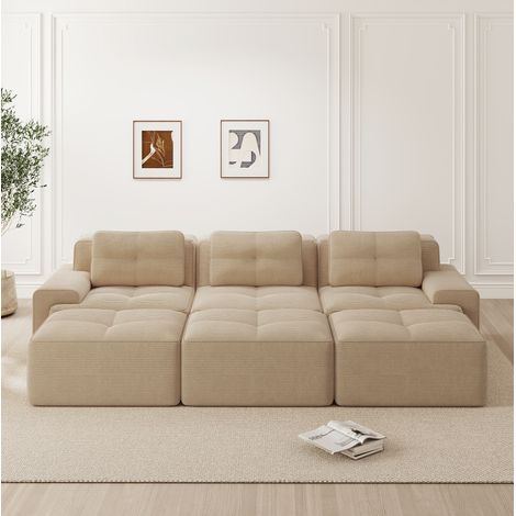 Canapé modulaire en velours côtelé beige, assise profonde 74 cm, sans montage (1/5)