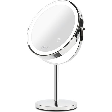 Girmi BE02 - Espejo de Maquillaje con luz LED, Lupa 1X/3X, iluminación de 3 Colores, Recargable con Doble Espejo, rotación de 360° y botón de Pantalla táctil, Cromado (1/5)