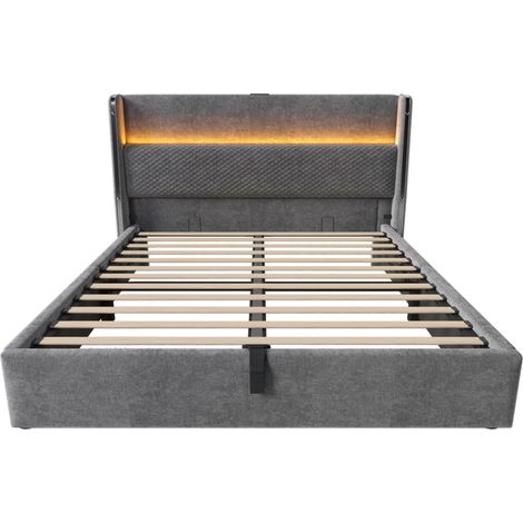 Cama con canapé abatible hidráulico 140 x 200 cm con cabecero alto, LED y puertos USB Tipo-C, gris (1/5)