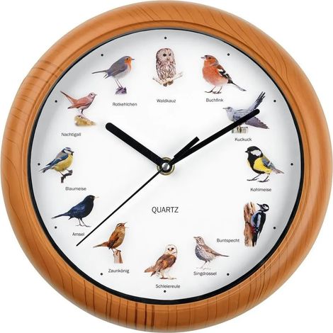 Horloge murale EASYmaxx avec 12 chants d'oiseaux et motifs d'oiseaux réalistes. Arrêt automatique entre 21h et 5h. Cadre aspect bois. Piles requises. (1/5)