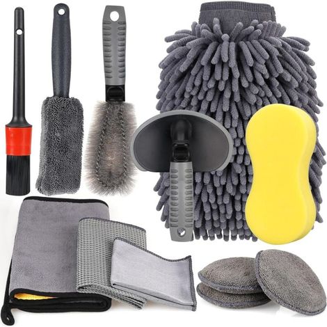 12-teiliges professionelles Autoreinigungsset, Mikrofaser-Autowaschset, Autoreinigungstücher, Felgenbürste, Reinigungstücher, Waschhandschuhe, Schwamm (1/4)