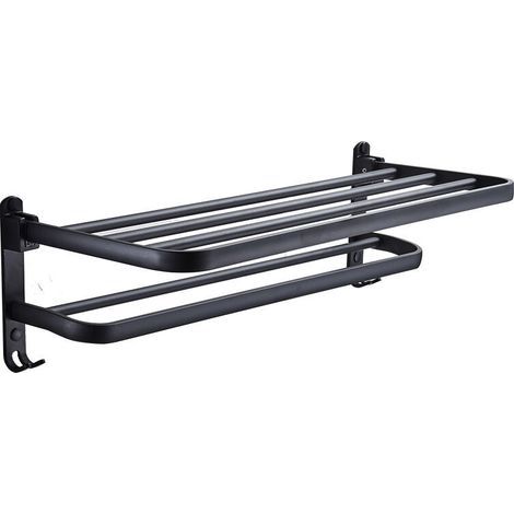 Bathroom Towel Rack Towel Shelf with Double Towel Bars Wall Mounted Washbasin Holder with Hooks Aluminum Hotel Bath Rack (Matte Black 50cm)